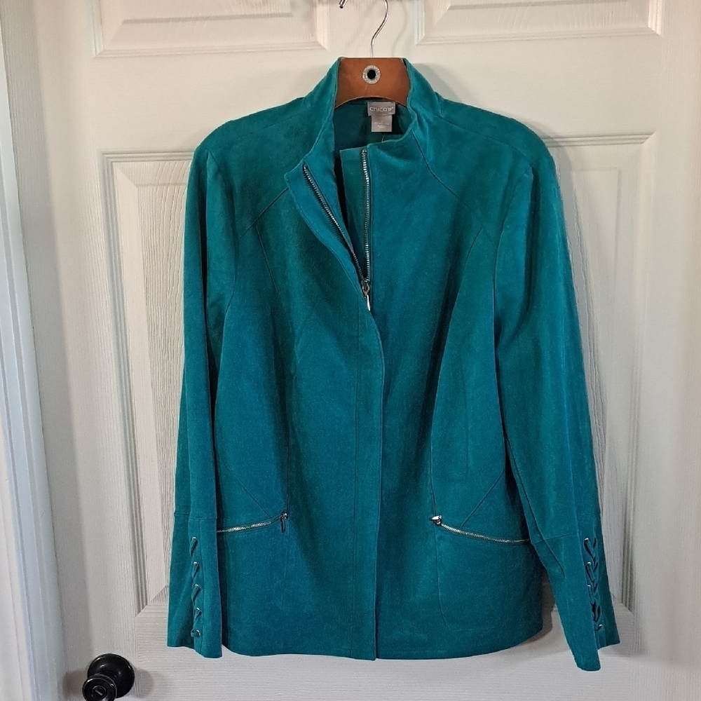 NWT Chico’s Soft Suede Stretchy Lace-Up Tapestry Teal Full Zip Tailored Jacket